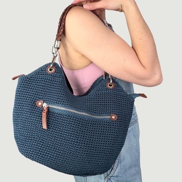 The Sak Handbags - The Sak Indio Crochet Shoulder Bag Indigo Blue Braided Strap Hobo Purse Handbag